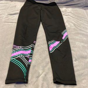Girls leggings, size 12, black with white green and purple stripes